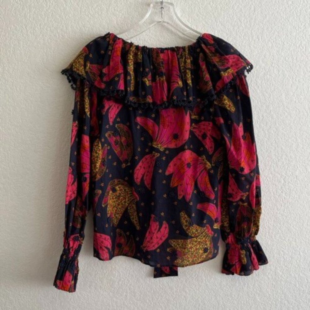 Farm Rio Tropical Print Ruffle Tie Front Cotton Blouse - Picture 4 of 5
